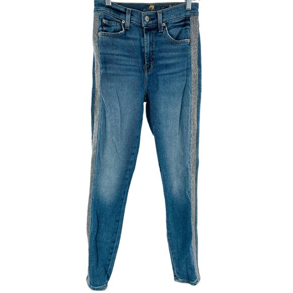7 For All Mankind High Waist Ankle Skinny Blue Denim Silver Stripe Y2K Jeans 24 - Picture 4 of 15